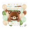 Box balonowy WITAJ W DOMU +IMIĘ - miś głowa + balony zielone