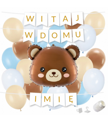 Box balonowy WITAJ W DOMU +IMIĘ - miś głowa + balony niebieskie