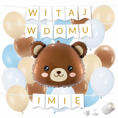 Box balonowy WITAJ W DOMU +IMIĘ - miś głowa + balony niebieskie