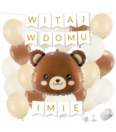 Box balonowy WITAJ W DOMU +IMIĘ - miś głowa + balony brązowe