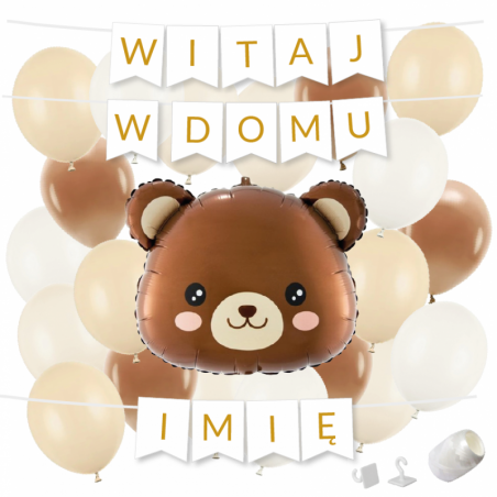 Box balonowy WITAJ W DOMU +IMIĘ - miś głowa + balony brązowe