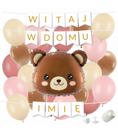 Box balonowy WITAJ W DOMU +IMIĘ - miś głowa + balony różowe