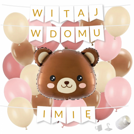 Box balonowy WITAJ W DOMU +IMIĘ - miś głowa + balony różowe