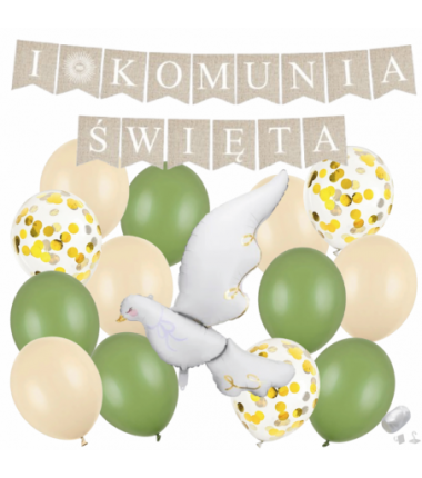 Zestaw balonów KOMUNIA ŚWIĘTA - BOHO + GOŁĄBEK 1- 15 sztuk