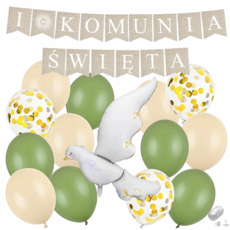 Zestaw balonów KOMUNIA ŚWIĘTA - BOHO + GOŁĄBEK 1- 15 sztuk