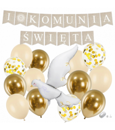 Zestaw balonów KOMUNIA ŚWIĘTA - BOHO + GOŁĄBEK 2 - 15 sztuk