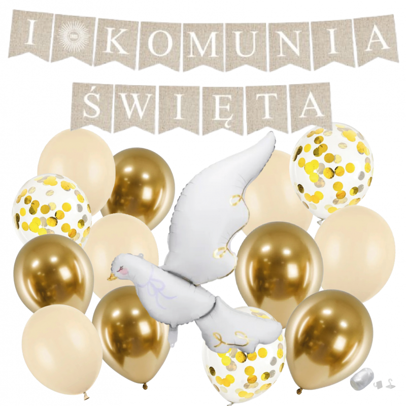 Zestaw balonów KOMUNIA ŚWIĘTA - BOHO + GOŁĄBEK 2 - 15 sztuk