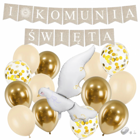 Zestaw balonów KOMUNIA ŚWIĘTA - BOHO + GOŁĄBEK 2 - 15 sztuk