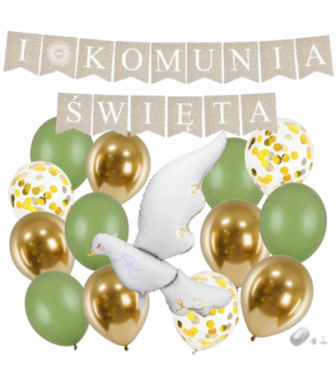 Zestaw balonów KOMUNIA ŚWIĘTA - BOHO + GOŁĄBEK 3 - 15 sztuk