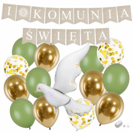 Zestaw balonów KOMUNIA ŚWIĘTA - BOHO + GOŁĄBEK 3 - 15 sztuk