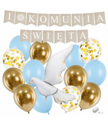 Zestaw balonów KOMUNIA ŚWIĘTA - BOHO + GOŁĄBEK 4 - 15 sztuk