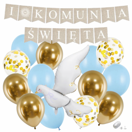 Zestaw balonów KOMUNIA ŚWIĘTA - BOHO + GOŁĄBEK 4 - 15 sztuk