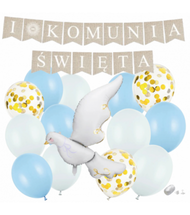 Zestaw balonów KOMUNIA ŚWIĘTA - BOHO + GOŁĄBEK 5 - 15 sztuk
