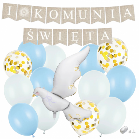 Zestaw balonów KOMUNIA ŚWIĘTA - BOHO + GOŁĄBEK 5 - 15 sztuk