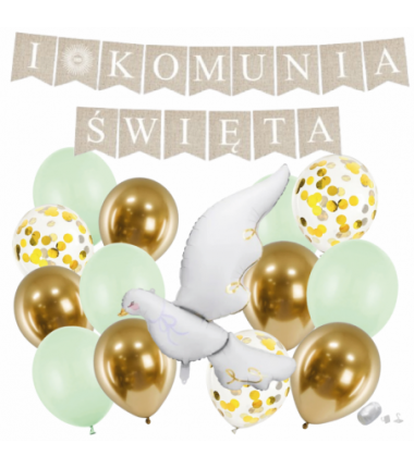 Zestaw balonów KOMUNIA ŚWIĘTA - BOHO + GOŁĄBEK 6 - 15 sztuk