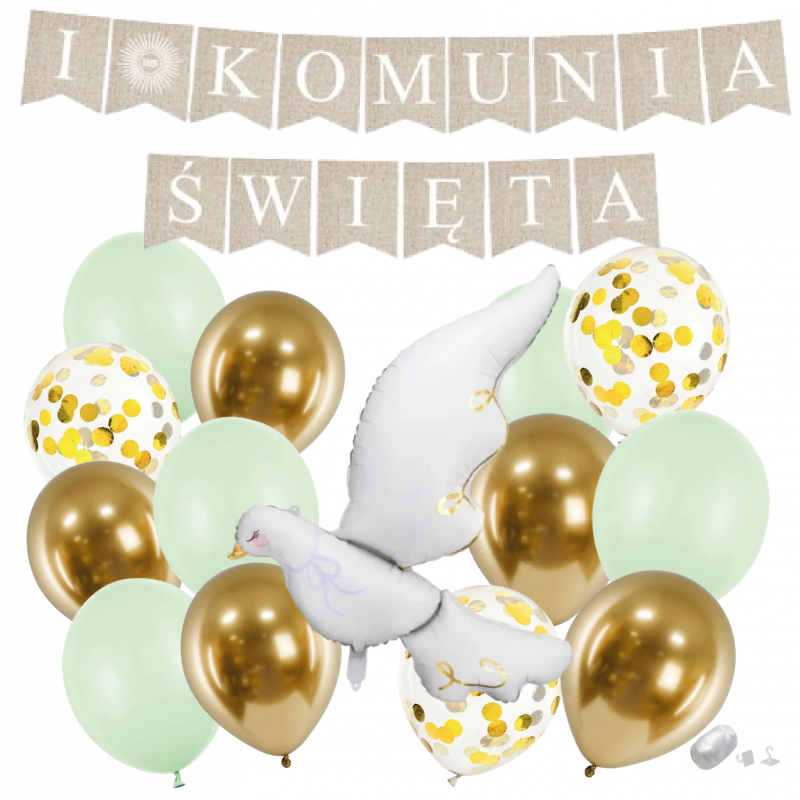 Zestaw balonów KOMUNIA ŚWIĘTA - BOHO + GOŁĄBEK 6 - 15 sztuk
