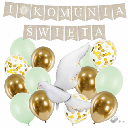 Zestaw balonów KOMUNIA ŚWIĘTA - BOHO + GOŁĄBEK 6 - 15 sztuk