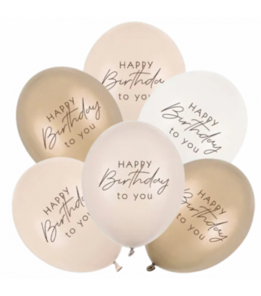 Balony nadruk Happy Birthday 30 cm - mix beżowy - 6 sztuk