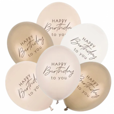 Balony nadruk Happy Birthday 30 cm - mix beżowy - 6 sztuk