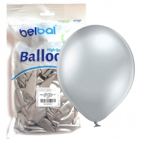 Balony BELBAL 30 cm - 12" Błyszczące srebrne Glossy Silver B105/GG04-601 - 50 sztuk