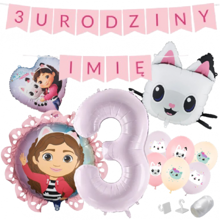 Zestaw na 3 URODZINY + IMIĘ - KOCI DOMEK GABI - Panduś, serce, pastylka - 13 sztuk