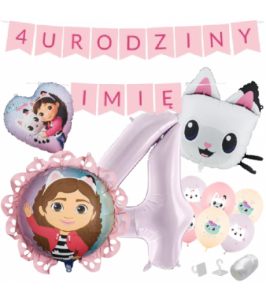 Zestaw na 4 URODZINY + IMIĘ - KOCI DOMEK GABI - Panduś, serce, pastylka - 13 sztuk
