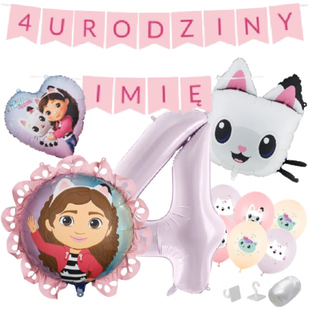 Zestaw na 4 URODZINY + IMIĘ - KOCI DOMEK GABI - Panduś, serce, pastylka - 13 sztuk