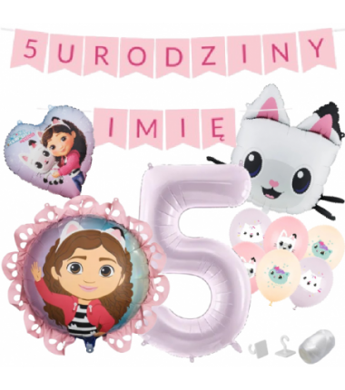 Zestaw na 5 URODZINY + IMIĘ - KOCI DOMEK GABI - Panduś, serce, pastylka - 13 sztuk
