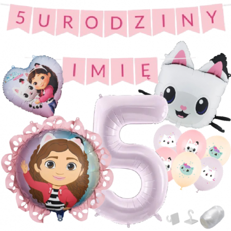 Zestaw na 5 URODZINY + IMIĘ - KOCI DOMEK GABI - Panduś, serce, pastylka - 13 sztuk