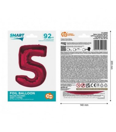 Balon foliowy Smart cyfra 5 czerwona 92 cm