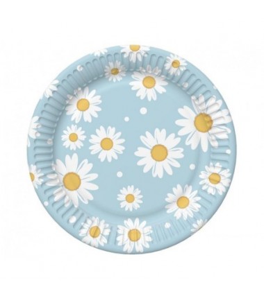 Talerzyki papierowe niebieskie - stokrotki 18 cm - 6 sztuk