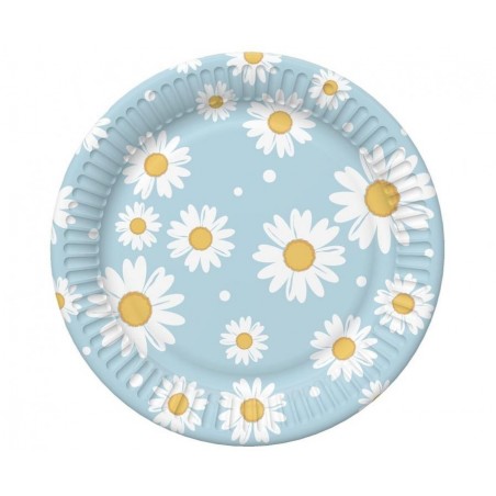 Talerzyki papierowe niebieskie - stokrotki 18 cm - 6 sztuk