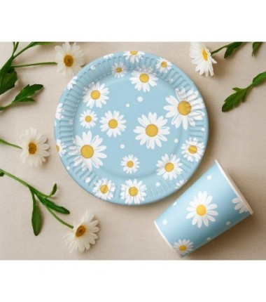 Talerzyki papierowe niebieskie - stokrotki 18 cm - 6 sztuk
