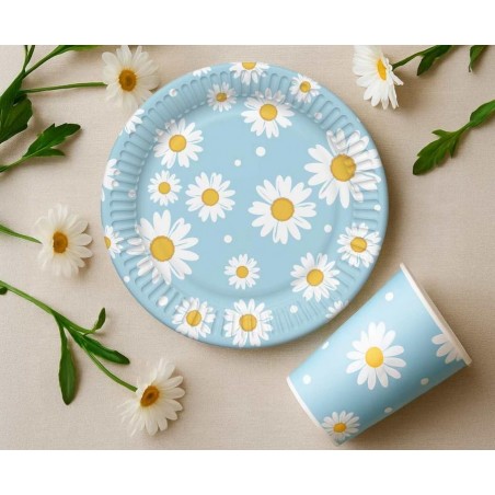 Talerzyki papierowe niebieskie - stokrotki 18 cm - 6 sztuk