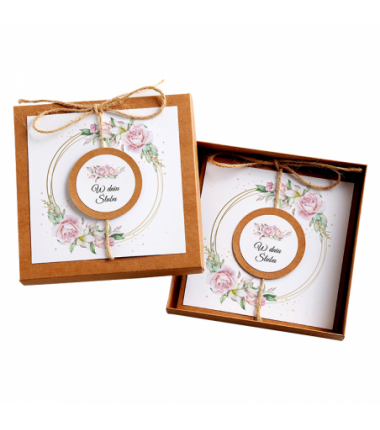 Kartka Okolicznościowa w Pudełku na Ślub - Eco Vintage Wianek - Róża na Kole