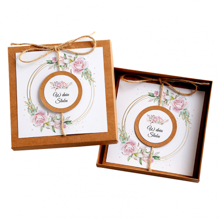 Kartka Okolicznościowa w Pudełku na Ślub - Eco Vintage Wianek - Róża na Kole