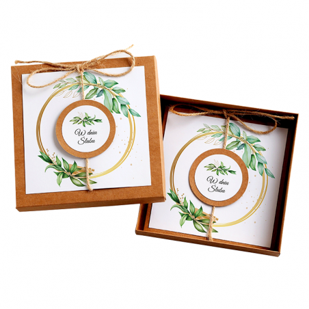 Kartka Okolicznościowa w Pudełku na Ślub - Eco Vintage Wianek - Liście na Kole