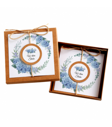 Kartka Okolicznościowa w Pudełku na Ślub - Eco Vintage Wianek - Niebieska Hortensja