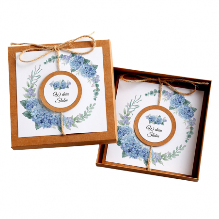 Kartka Okolicznościowa w Pudełku na Ślub - Eco Vintage Wianek - Niebieska Hortensja