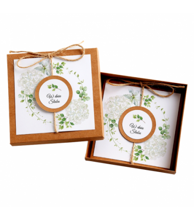 Kartka Okolicznościowa w Pudełku na Ślub - Eco Vintage Wianek - Biała Hortensja