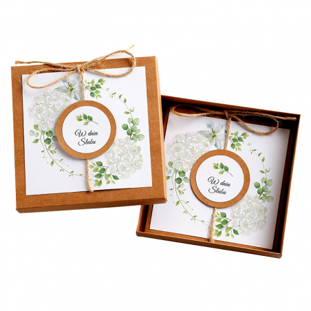 Kartka Okolicznościowa w Pudełku na Ślub - Eco Vintage Wianek - Biała Hortensja