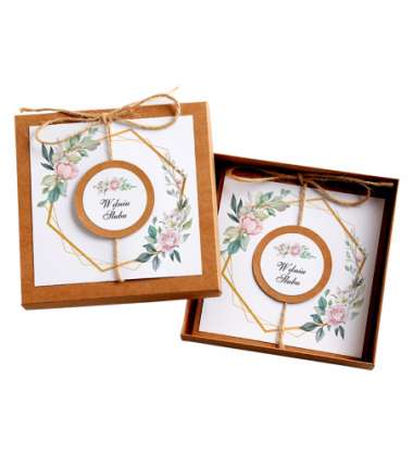 Kartka Okolicznościowa w Pudełku na Ślub - Eco Vintage Wianek - Heksagon i Róża