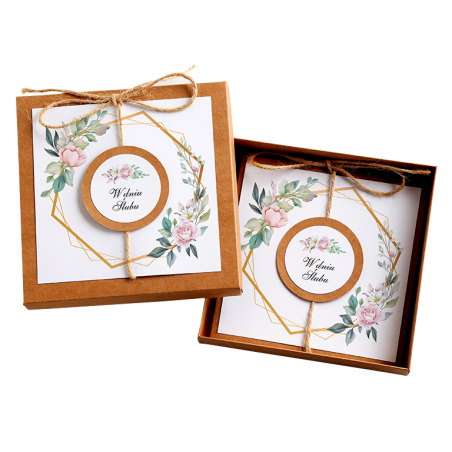 Kartka Okolicznościowa w Pudełku na Ślub - Eco Vintage Wianek - Heksagon i Róża
