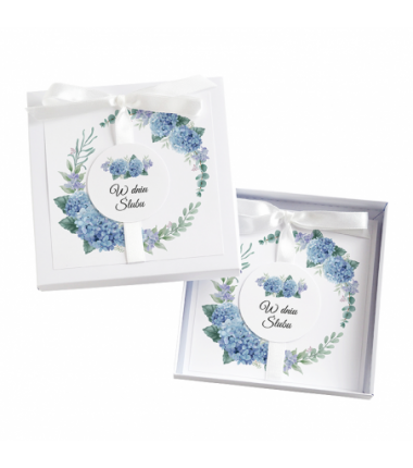 Kartka Okolicznościowa w Pudełku na Ślub - Biała Vintage - Niebieska Hortensja
