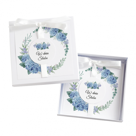 Kartka Okolicznościowa w Pudełku na Ślub - Biała Vintage - Niebieska Hortensja