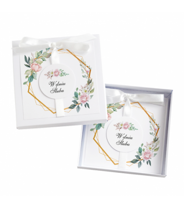 Kartka Okolicznościowa w Pudełku na Ślub - Biała Vintage - Heksagon i Róża