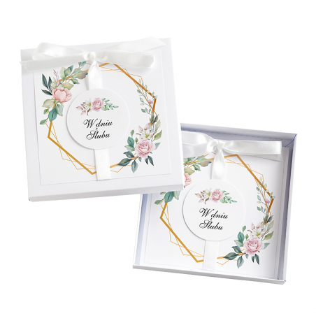 Kartka Okolicznościowa w Pudełku na Ślub - Biała Vintage - Heksagon i Róża