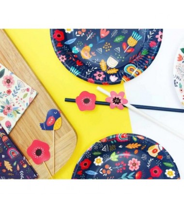 Talerzyki papierowe Summer kwiaty - Have fun (dark) 18 cm - 6 sztuk