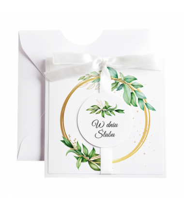 Kartka Okolicznościowa na Ślub - Biała Vintage Wianek - Liście na Kole