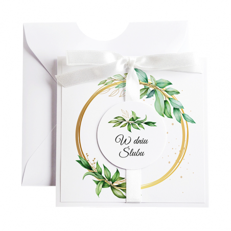 Kartka Okolicznościowa na Ślub - Biała Vintage Wianek - Liście na Kole
